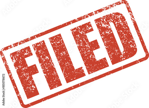 Distressed red rectangular rubber stamp impression displaying the word FILED on a clean white paper