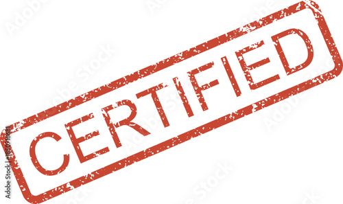 Distressed red rubber stamp imprint showing the prominent word CERTIFIED on an isolated plain white surface