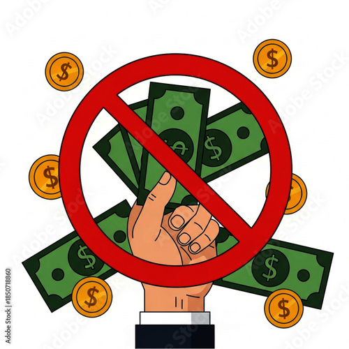 Red Prohibition Sign Over Hand Holding Green Paper Money and Gold Coins