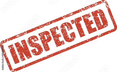 Textured red rectangular rubber stamp impression showcasing the word INSPECTED on a plain white background