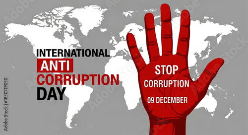 Red Hand Displaying Stop Corruption Message for International Anti-Corruption Day