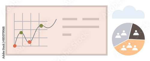 Line graph with growth trajectories, realistic pie chart with team distribution, abstract cloud graphic. Ideal for data analysis, teamwork, presentation, planning, research, growth business