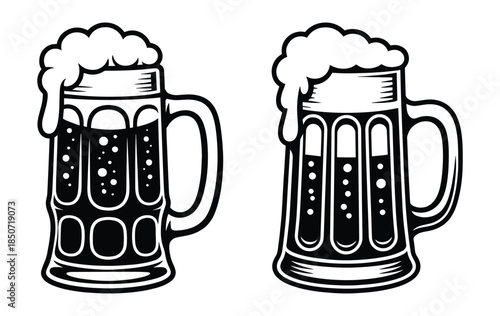 Vintage beer mugs with overflowing foam, Traditional beer steins and mugs, Classic beer glass, graphics used for celebration, enjoyment, festive, occasions
