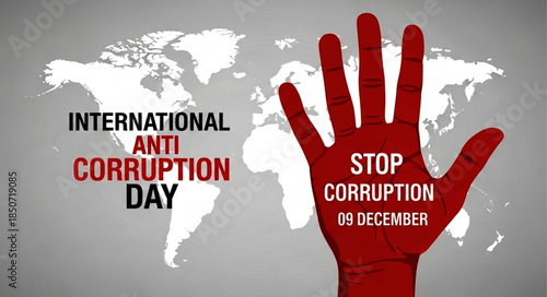 Red hand with "STOP CORRUPTION" text for International Anti-Corruption Day.