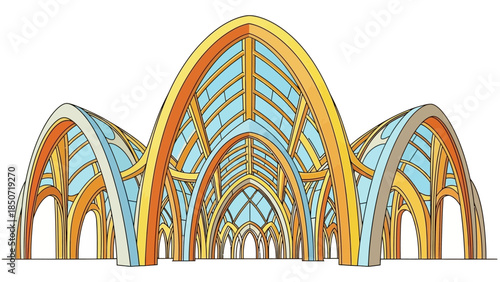 Colorful vaulted arches and pavilion-inspired architectural structure with vibrant, geometric design and decorative detailing.