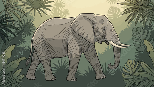 Prehistoric Woolly Mammoth Walking Through Lush Jungle Vegetation Under Soft Light.