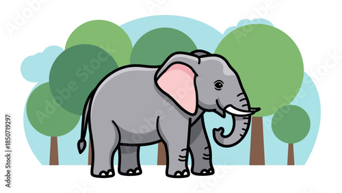 Cartoon Elephant in a Bright Forest Scene with Trees and Playful Details.