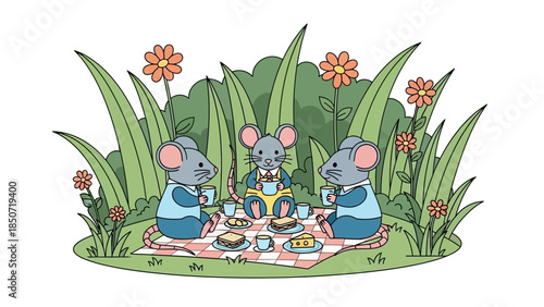 Whimsical picnic scene with three mice enjoying treats in a sunny garden.