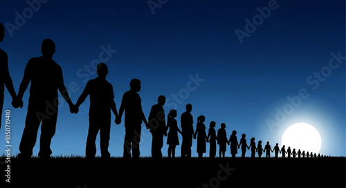 Silhouette of People Holding Hands in a Row Against a Night Sky and Rising Sun