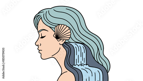 Stylized illustration of a serene woman with flowing blue hair and shell accessory.