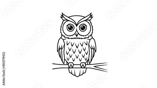 Black and white illustration of a perched owl on a branch.