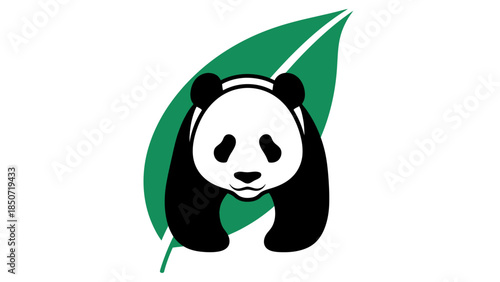 Logo Illustration of a Cute Panda Mascot with Bamboo Leaf.