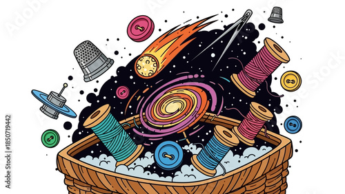 Colorful sewing kit in a wicker basket filled with thread spools buttons and needles.