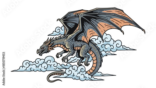 Winged Dragon Soaring Above Cloudy Sky - Fantasy Illustration.