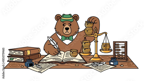 Cartoon bear as a judge sitting at a desk surrounded by law books, papers, and scales.