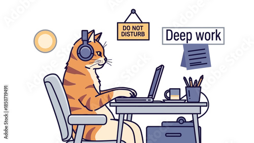 Playful orange cat working at a desk with laptop and coffee in a cheerful office illustration.