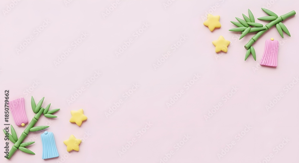 Obraz premium 七夕の笹と短冊と星のかわいいクレイアートフレーム背景
