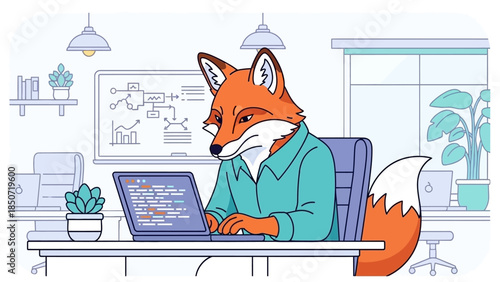 Anthropomorphic fox at a laptop in a bright modern office illustration.
