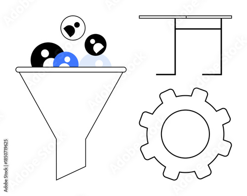 Data management, process control, workflow optimization, user segmentation, automation, technology solutions. Funnel collecting user icons, gear symbol below. Data management and workflow