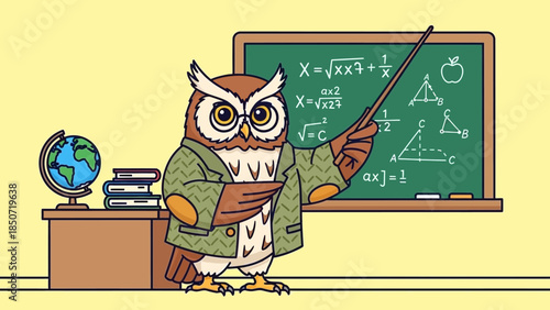 Whimsical owl Teacher in a Classroom Demonstrating a Chalkboard Lesson to Imagined Students.