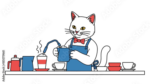 Playful Cartoon Cat Barista Crafting Coffee at a Café Counter.