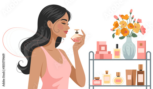 An illustration of a graceful woman engaging with a perfume bottle, enjoying its fragrance while surrounded by an array of beauty products, reflecting elegance and self-care.