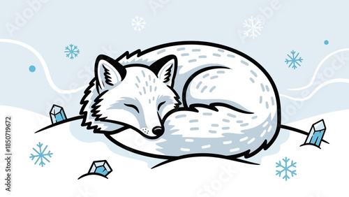 Sleeping white fox curled up in a peaceful winter scene.
