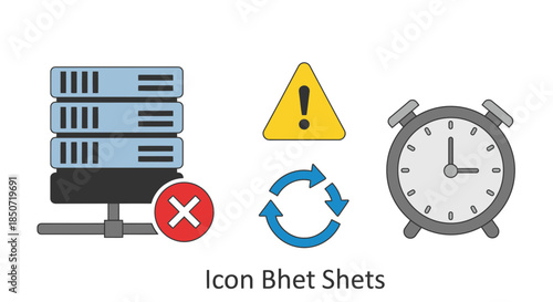 Server error icons with warning signs and clock