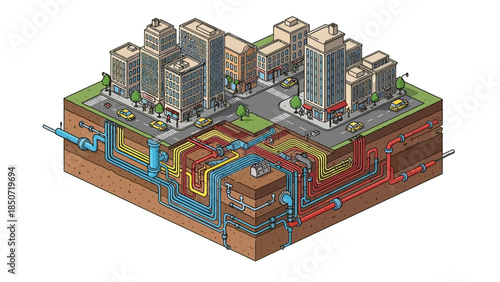Isometric urban cityscape with multi-building complex, roads, and underground infrastructure illustration.