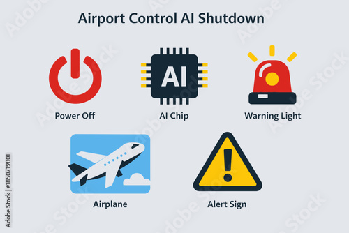 Airport control AI system shutdown icons with alert signs and airplane