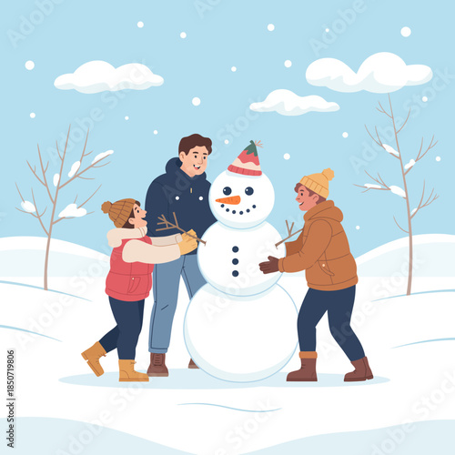 Three friends happily build a snowman together in a snowy landscape, capturing the spirit of friendship, joy, and winter fun in an animated cartoon style.