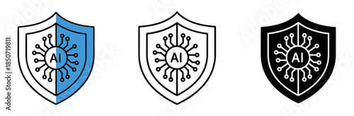 Simple blue shield icon with integrated artificial intelligence chip graphic symbolizing cyber security and data protection concepts
