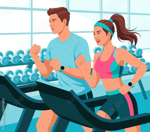 A pair of fitness enthusiasts jog on treadmills in a modern gym filled with equipment, emphasizing health, motivation, and the vibrant atmosphere of exercise.