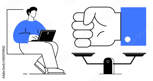 Decision-making, productivity, work-life balance, digital technology, equality, ethical choices. Person with a laptop, hand and scales. Productivity and decision-making concepts