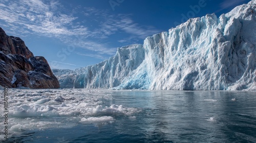 A stunning view of a massive glacier meeting the icy ocean. Blue skies and ice formations create a frigid landscape