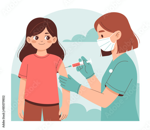 An important moment captured as a young girl receives a vaccination from a caring healthcare professional, highlighting health and safety measures in a gentle atmosphere.