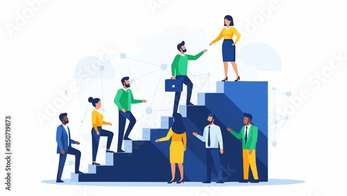 Diverse team climbing stairs symbolizing career growth and collaboration.