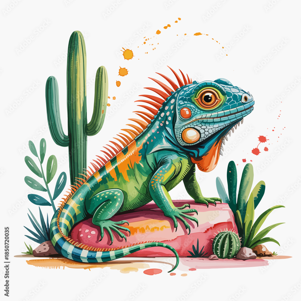 Obraz premium A stunning illustration of an iguana perched on a vividly colored rock, showcasing its unique scaling and vibrant colors, highlighting the beauty of reptiles and nature's palette.