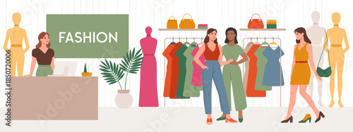 An inviting fashion store interior featuring stylish clothing displays, mannequins, and a welcoming atmosphere, perfect for showcasing the latest fashion trends and styles.