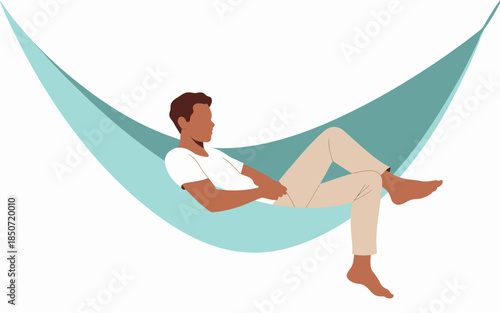 An illustration of a young man resting comfortably in a hammock, showcasing leisure and tranquility, framed by a serene environment that promotes relaxation and peace of mind.