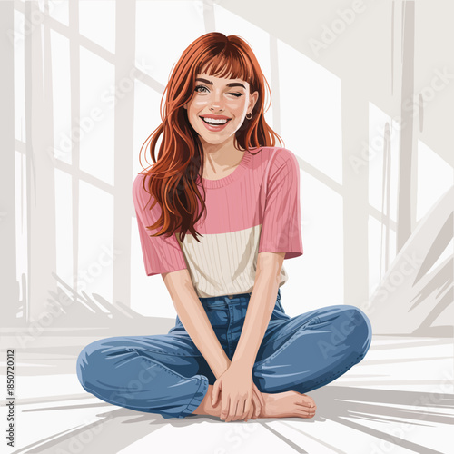 A young woman sitting happily on the floor, smiling with a bright background, representing joy and confidence in personal expression and modern fashion aesthetics.