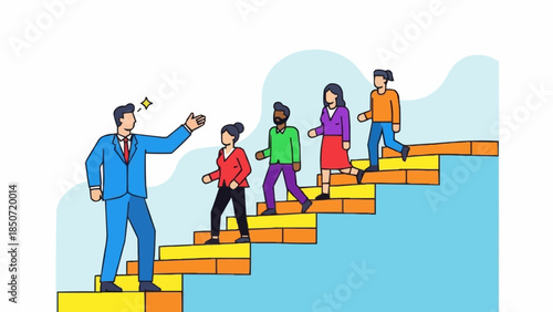 Diverse group of people climbing stairs led by a confident businessman.