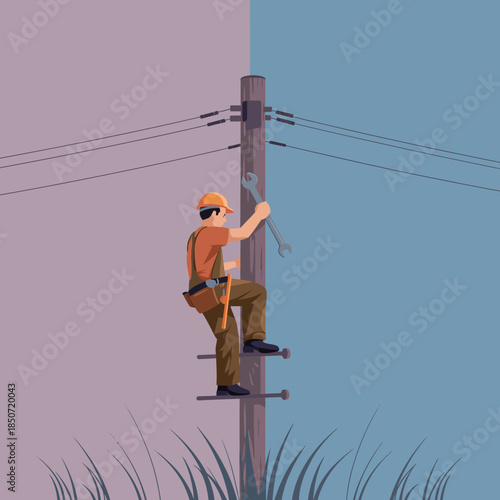 A dedicated worker climbs an electrical pole, equipped with a wrench, showcasing the resilience and skill required in fulfilling essential maintenance tasks for utilities.