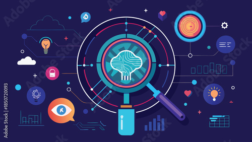 Brain icon with a magnifying glass, featuring smaller icons that symbolize different areas of knowledge and exploration..eps