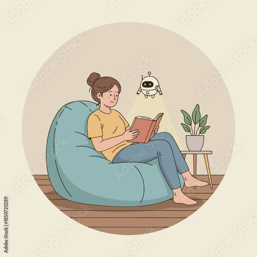 A cozy flat vector illustration of a woman reading on a beanbag while a flying robot acts as her reading light