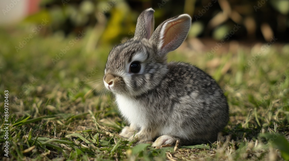 Fototapeta premium Adorable baby rabbit sitting in green grass