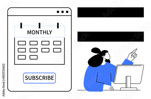 Calendar interface labeled Monthly beside a subscribe button, user pointing at options on computer screen. Ideal for subscription management, UX design, productivity, scheduling, e-commerce, apps
