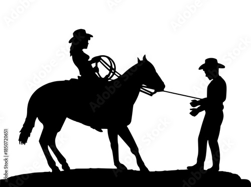 Black silhouette of a cowgirl on horseback and a cowboy standing on the ground, featuring western hats and a lasso.