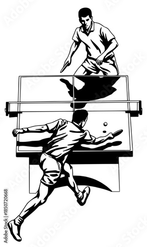 Dynamic black illustration of two athletes playing a competitive game of table tennis.