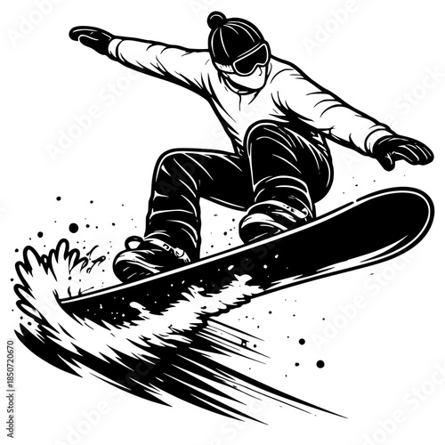 Dynamic black illustration of a snowboarder performing a jump with snow spray.